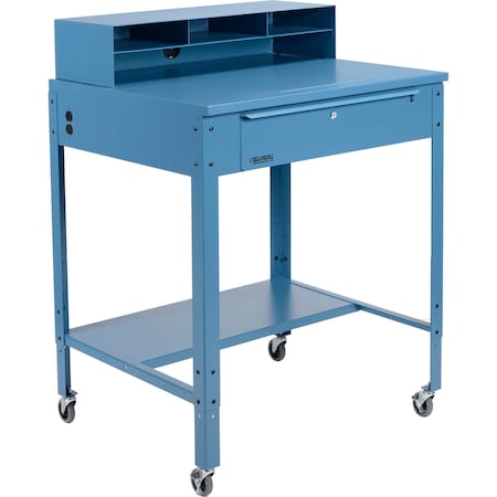 Global Industrial Flat Surfaced Mobile Shop Desk w/ Pigeonhole Riser, 34-1/2inW x 30inD, Blue 319355CBL